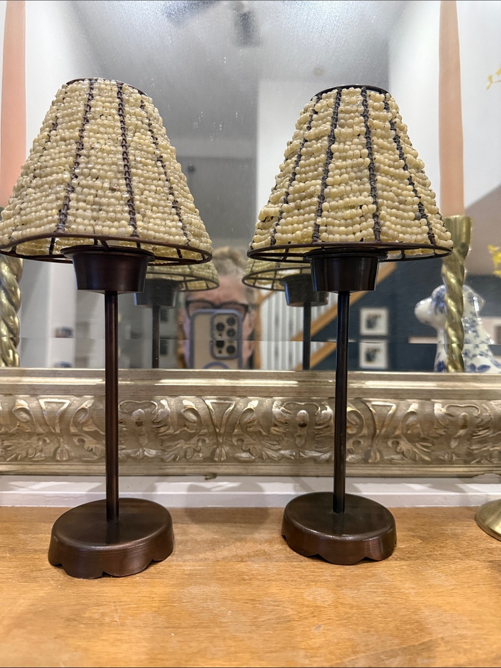 Beaded Table Lamp Pair with Cream Shades